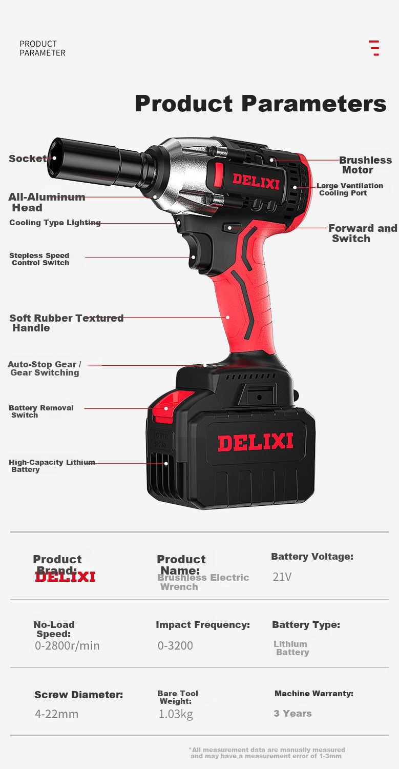 DELIXI ELECTRIC Brushless Lithium-Ion Impact Wrench, 320N High Torque, 10-Section Battery, Two Batteries And One Charger Set, Heavy-Duty Automotive Repair Model 17