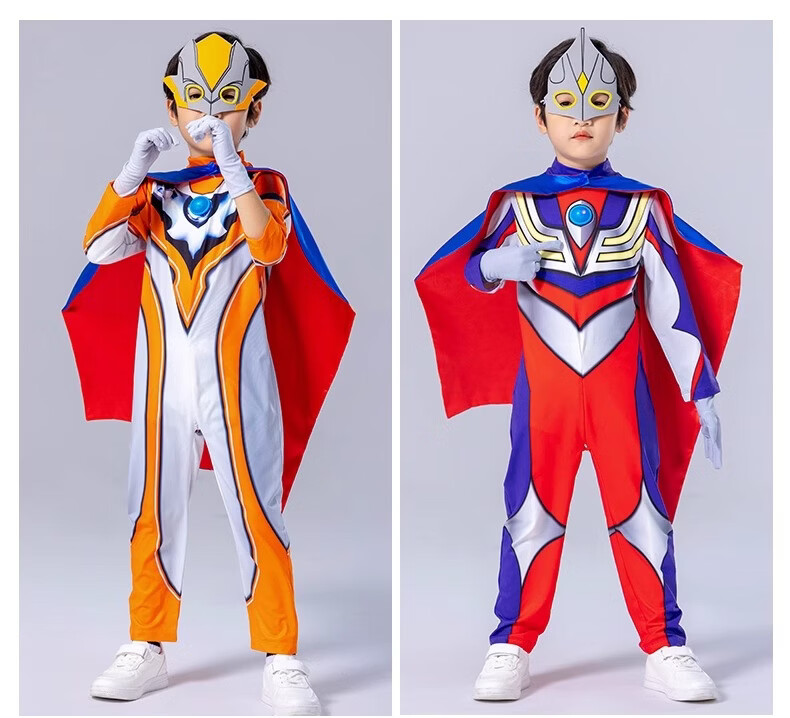 ULTRAMAN Official Golden Zero Ultraman Costume Jumpsuit 130cm Gift Box with Eye Mask, Gloves, Chest Light, and Cape 22