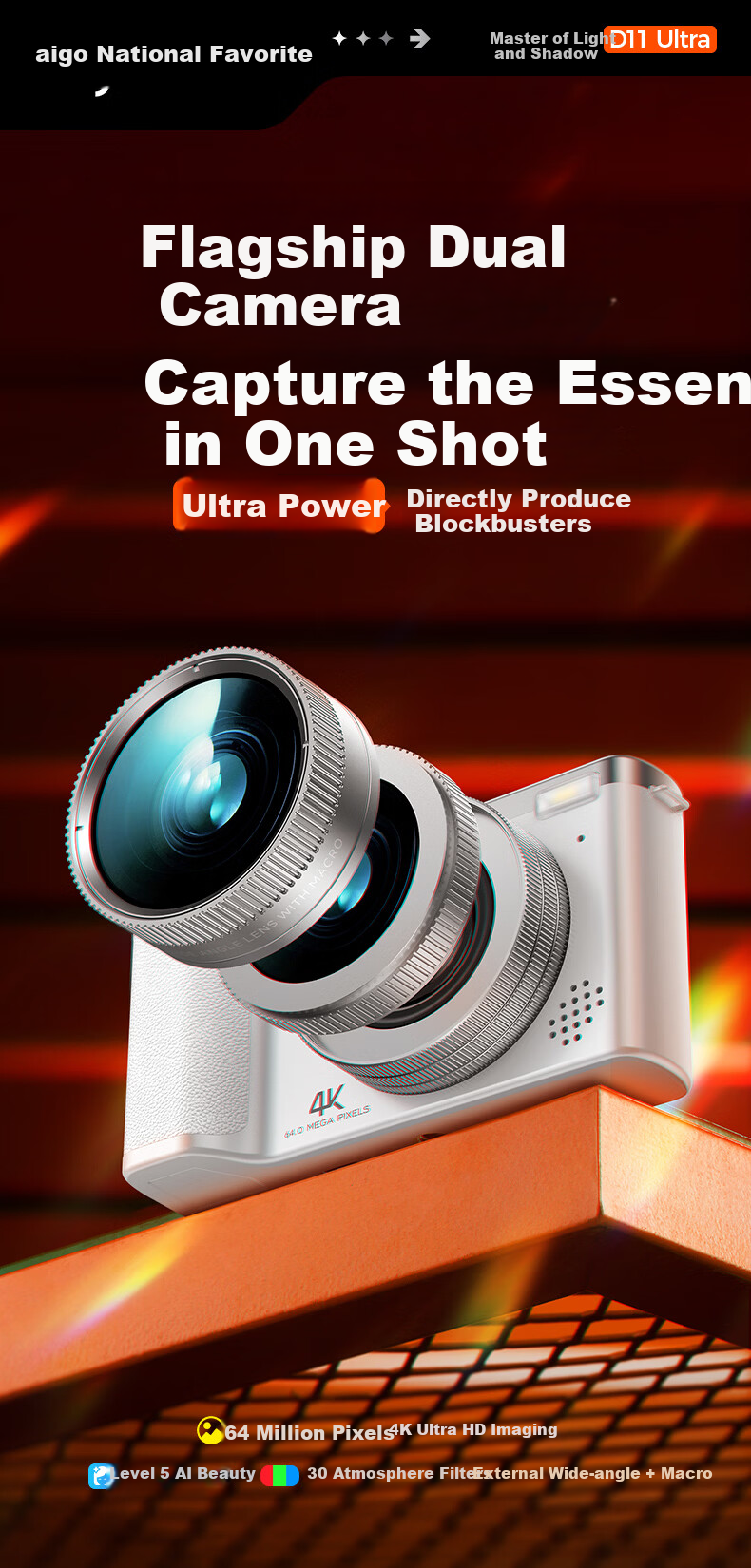 Patriot D11 Ultra Student Digital Camera Selfie Birthday Gift for Girls Entry-Level Mirrorless Alternative CCD White 128GB Children's Day Gift 1