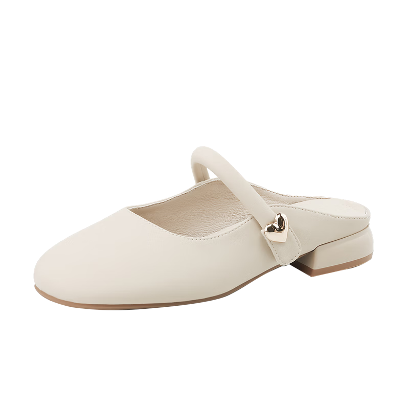 DAPHNE Women's Half Slippers, Cowhide Versatile Sandals, Mary Jane Mule Shoes, 4024303180, Beige, Size 36