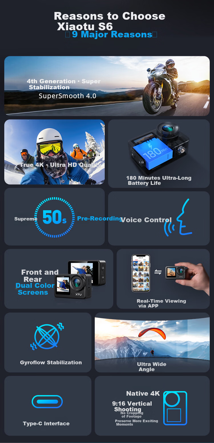 Xiaotu S6 Sports Camera 4K Super Stabilization Motorcycle DVR Outdoor Fishing Camera Bicycle Vlog Action Camera Official Standard Edition No Memory Card 5