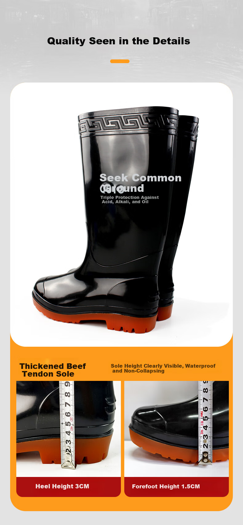 Qutong High Tube Waterproof Rain Boots Outdoor Wear-Resistant Rubber Shoes Cowhide Sole Non-Slip Oil-Resistant Acid-Base Resistant Rain Boots for Beachcombing Size 41 Black 4