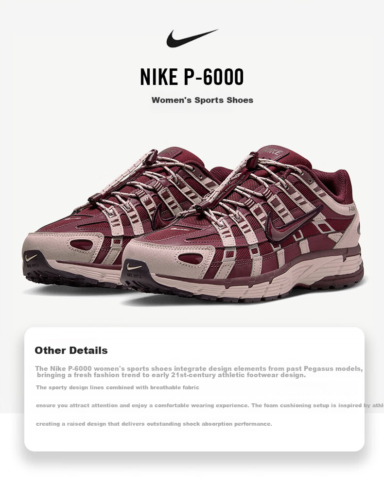 NIKE Women's Casual Shoes Cushioning Retro P-6000 Sneakers IM5237-600 Rose Red 37.5 1