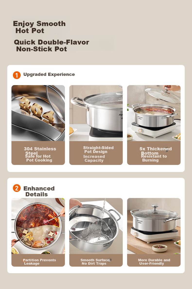 Joyoung Hot Pot Cookware 304 Stainless Steel Yuan Yang Pot Hot Pot Soup Pot Multi-Person Small Hot Pot Induction Cooker Gas Stove 28cm 2