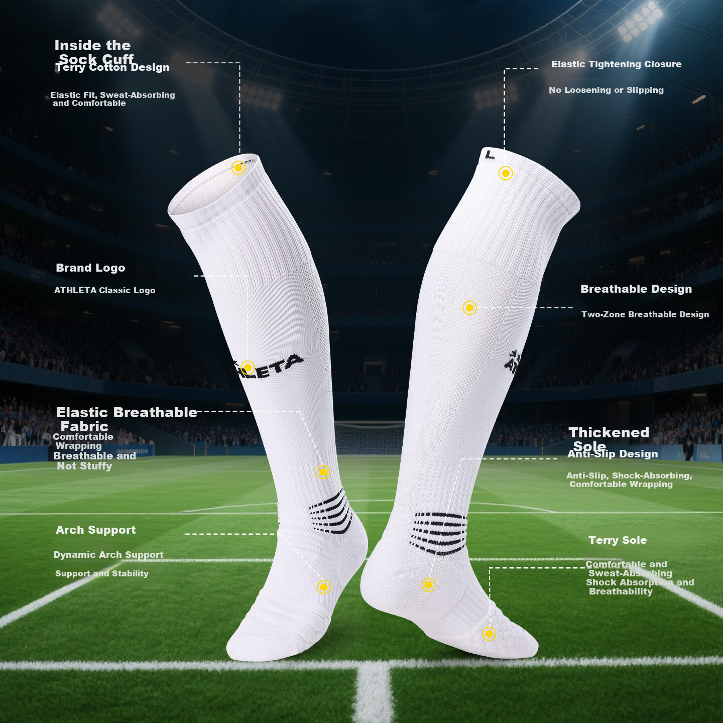 ATHLETA Kids Soccer Over-the-Knee Socks Non-Slip Cushion Towel Bottom Boys Girls Youth Training Socks