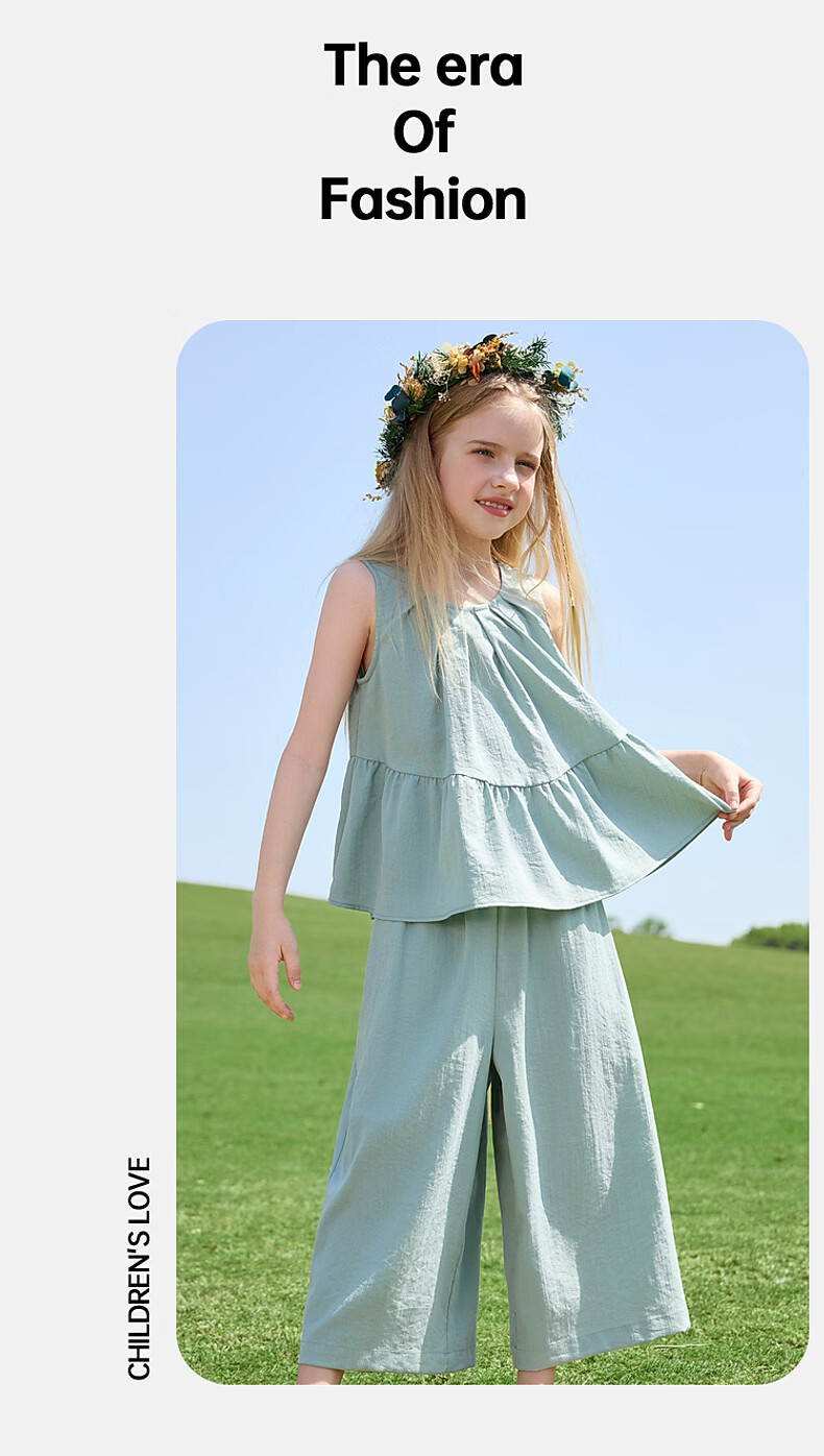 ASK JUNIOR Girls' Summer Set Youth Sleeveless Tank Top and Straight Wide-Leg Pants Two-Piece Green 170 20