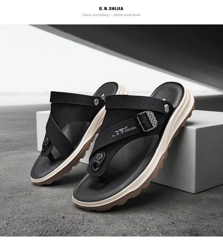 Bull Family Men's Leather Sandals Summer New Dual-Wear Soft Sole Durable Outdoor Beach Casual Flip-Flops 23