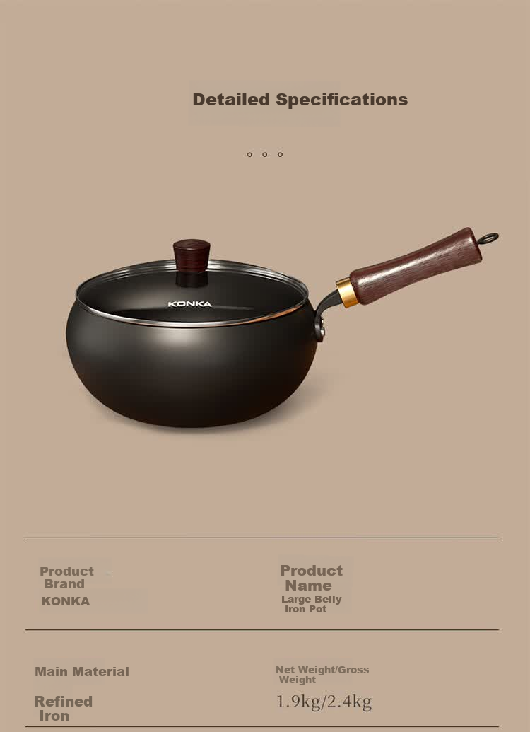 KONKA Authentic Large Belly Iron Wok Hand-Forged Stir-Fry Pan Household Iron Pan No Coating 28cm 13