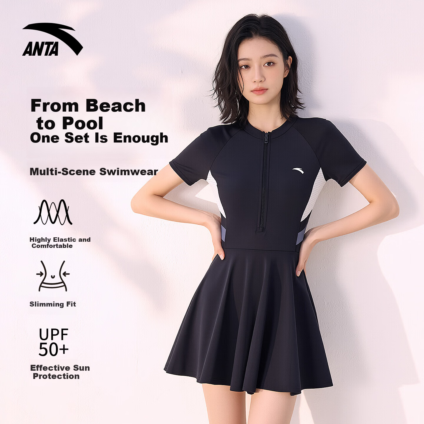 ANTA Women's One-Piece Swimsuit Dress, Conservative Adult Swimwear, Slimming Hot Spring Bathing Suit, Black, Size M