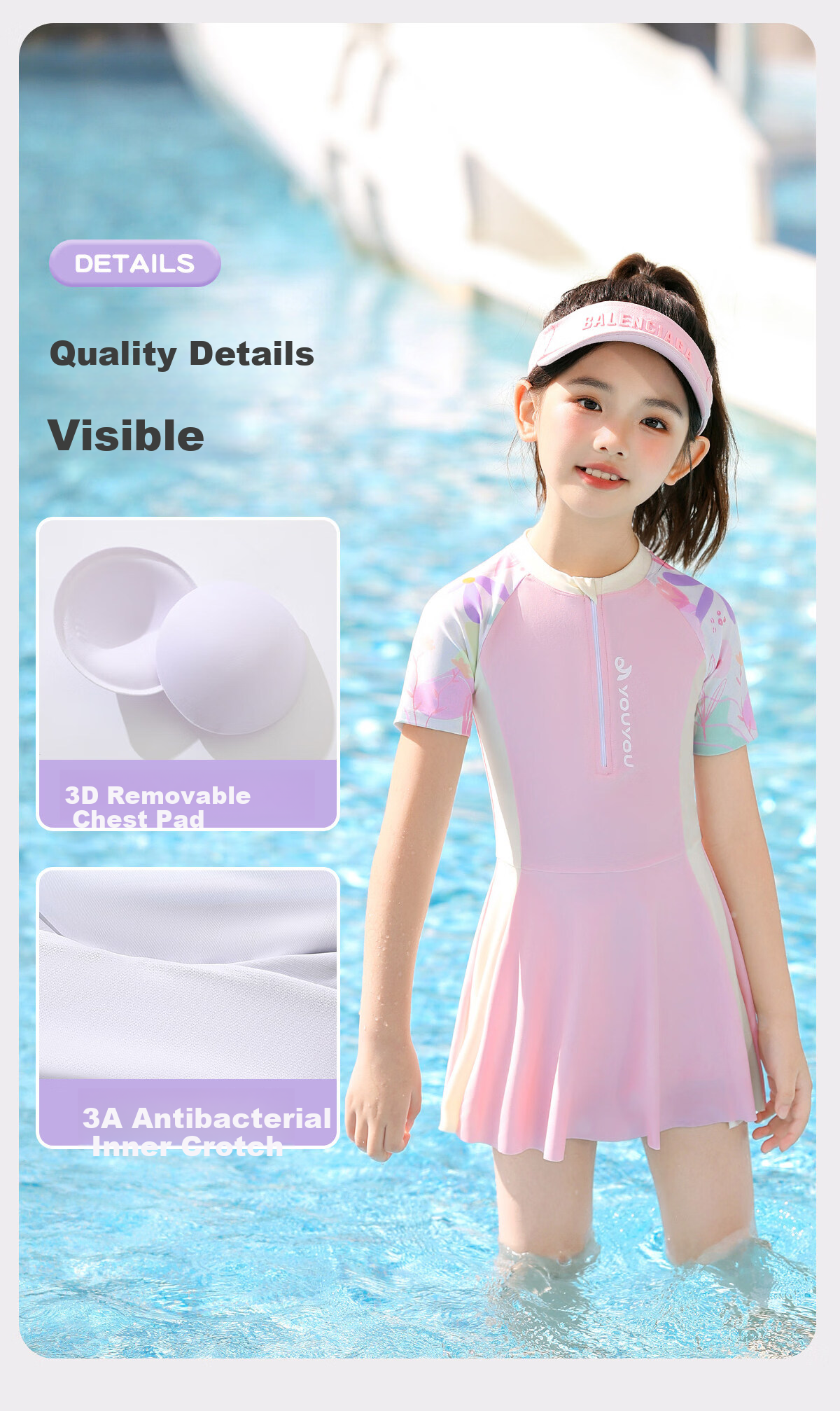 Youyou Kids Swimsuit Girls Cute Sun Protection Dress Style Boxer Shorts Youth Three-Piece Set 36109 Purple 2XL 6