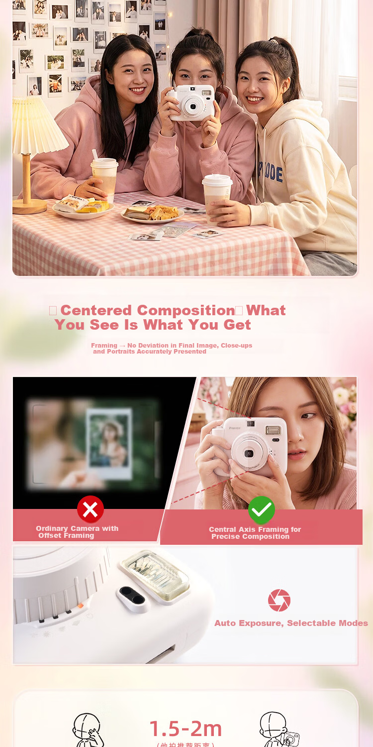 POPOTO Instant Camera Student Selfie Travel Portable One-Time Imaging Camera Gift Box with 10 Photo Papers Rose Blossom Edition 5