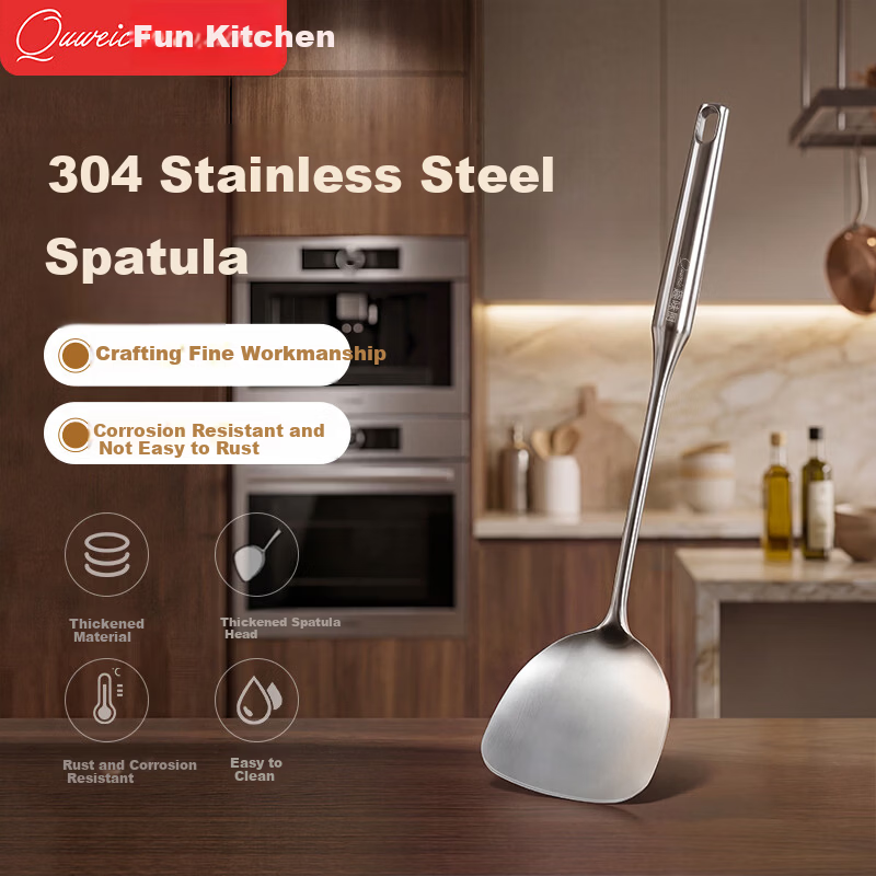 Fun Kitchen Spatula 304 Stainless Steel with Vacuum Handle for Home Cooking Non-Coated Iron Wok Use