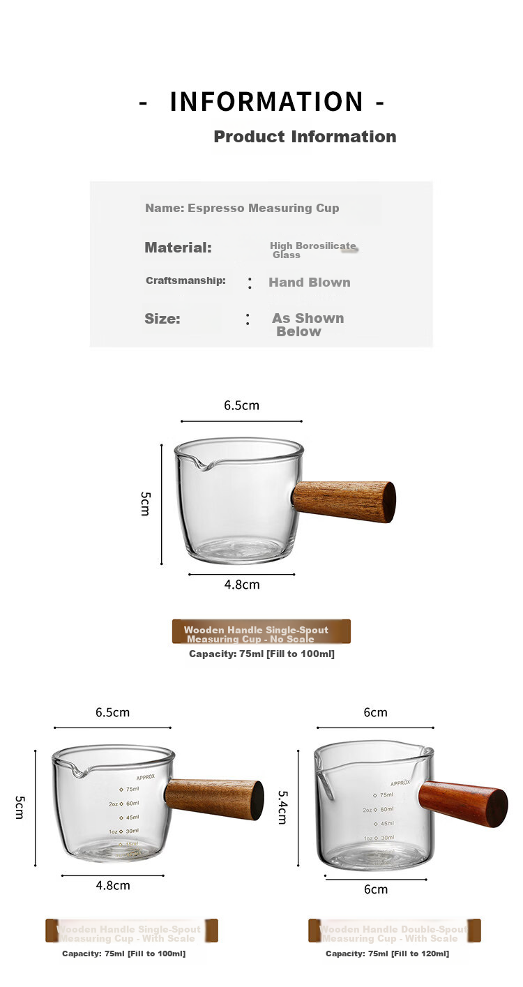 Bethers Japanese Style Ins Glass Milk Jug with Wooden Handle and Scale, Espresso Latte Small Measuring Cup, Mini Milk Pitcher Creamer 6