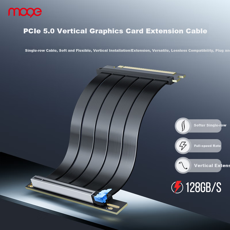 MOGE PCIe 5.0 GPU Extension Cable 90-Degree Flexible Cable Lossless Transmission EMI Shielding Graphics Card Vertical Mount Bracket 25CM MC589925