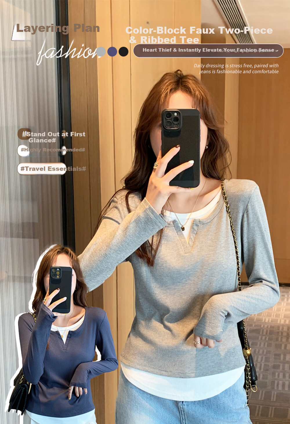 Modal Colorblock Layered Design Slim Fit Long Sleeve T-Shirt for Women New Slim Shoulder Slimming Top 1