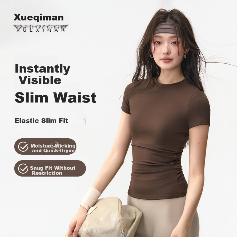 Xueqiman Women's Summer Thin Short Sleeve Quick-Dry High Elasticity Slim Fit Yoga Pilates Training Fitness T-Shirt