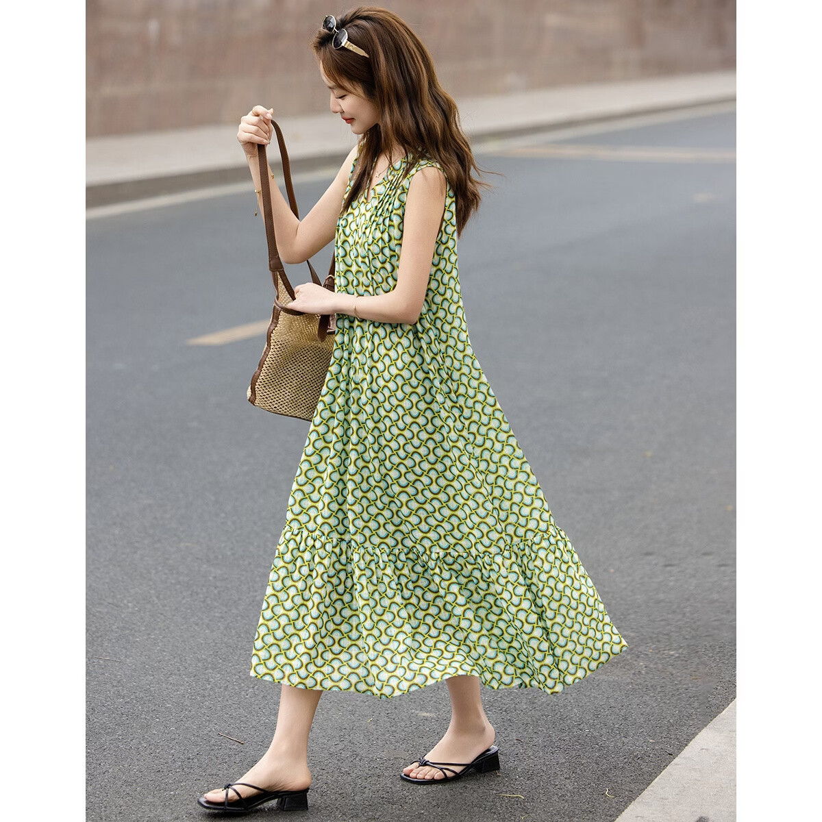 Demana Sweet Urban Summer Lazy V-Neck Chiffon Sleeveless Loose Slim A-Line Dress for Petite Women