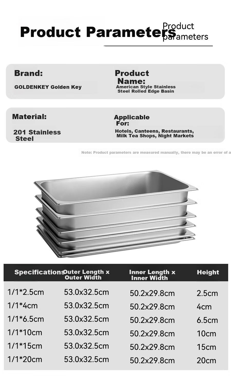 Golden Key Stainless Steel 1/1 Portion Pan Thickened Rolled Edge American Style Commercial 10cm Food Serving Basin GK-MFS11-100J 5
