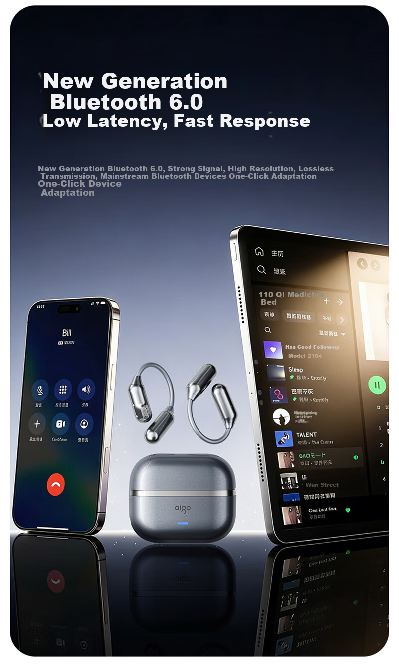 Aigo Bluetooth Earphones Over-Ear Bone Conduction True Wireless Long Battery Life In-Ear Free Running Music Call Noise Cancelling SJ285 Silver White 7