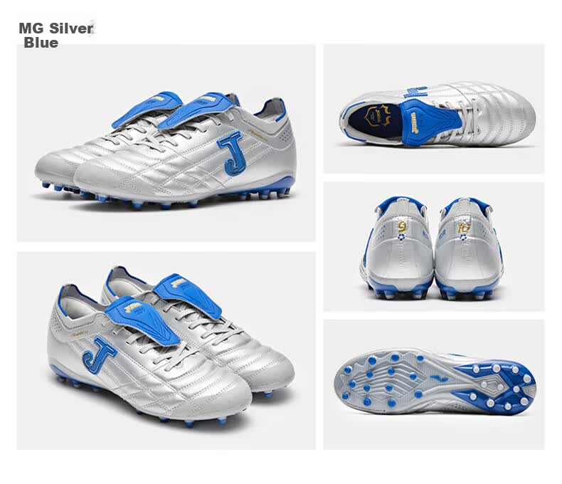 JOMA Kangaroo Leather Soccer Shoes TF Turf Studs Adult Youth Match Training Silver/Blue Size 41 32