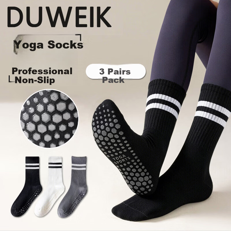 Duweike Yoga Socks Professional Non-Slip Women's Cotton Mid-Calf Pilates Fitness Floor Socks Gray White Black 3-Pack