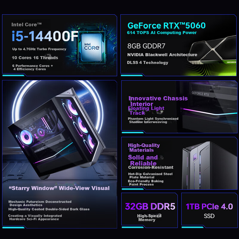 MACHENIKE Dawn Pro High-Performance Gaming Desktop PC Ai Design Workstation (i5-14400F 32GB DDR5 1TB RTX5060) Liquid Cooling National Subsidy