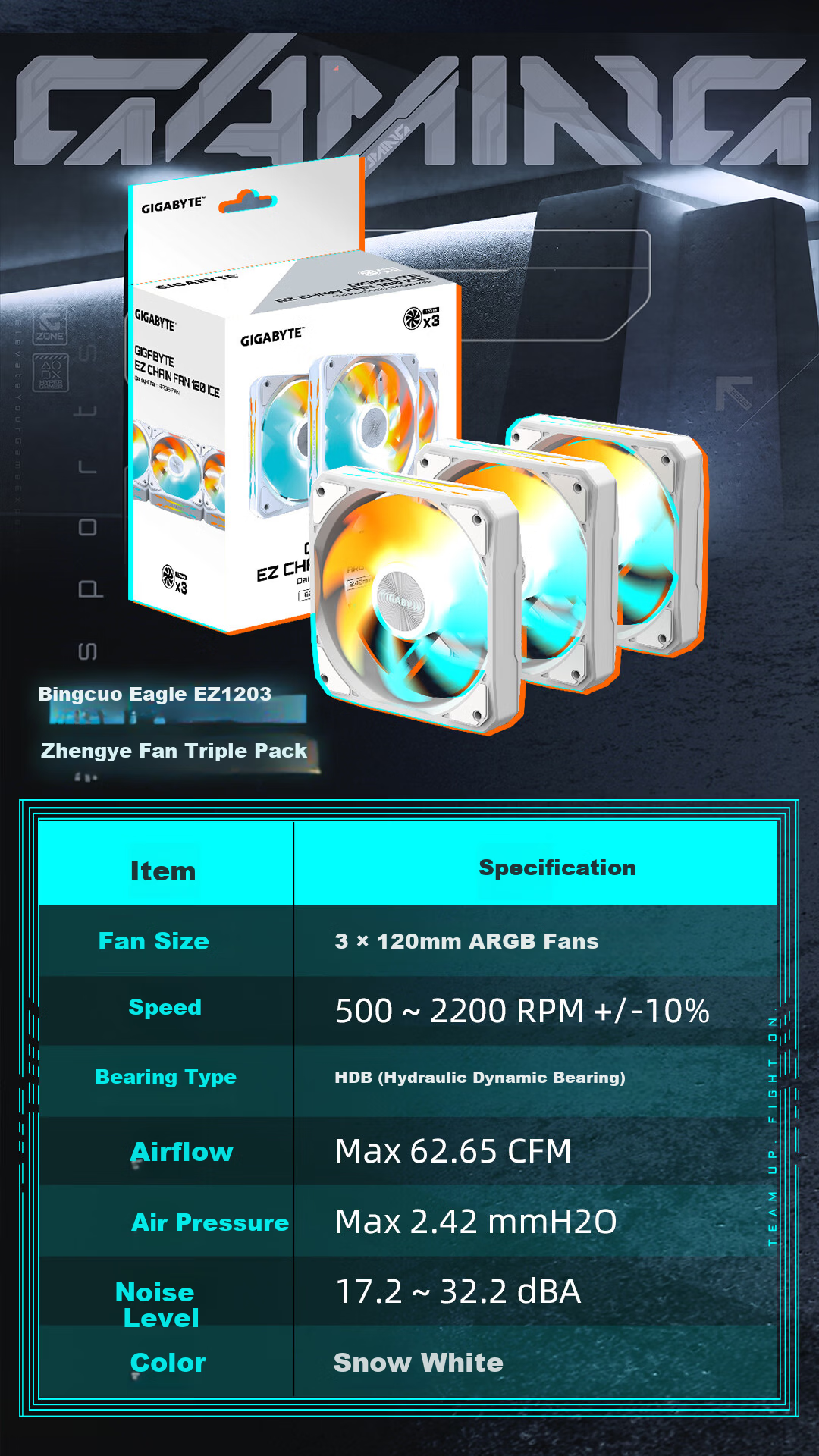 GIGABYTE Binglieying EZ1203 (3-Pack), Building Block Fan, Quick-Install Clip Mechanism Design, ARGB Lighting Effects, Low Noise Desig 3