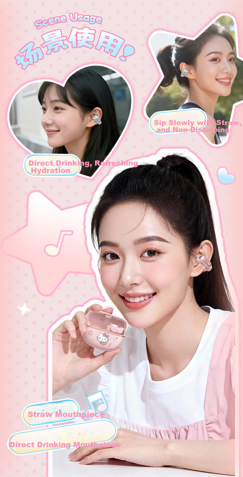 Chenfeng Sanrio Open-Ear Clip-On Bone Conduction Bluetooth Wireless Sports Running Earphones Ear-Hook Comfortable for Women Long Wear No Pain Student Birthday Gift SR31 9