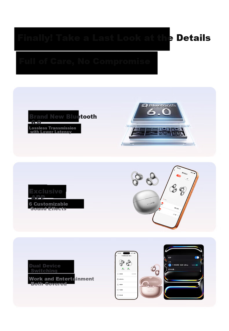1MORE S20Ultra Bluetooth Ear Clip Bone Conduction Concept Open-Ear Noise Cancelling Headphones Pearl White 24