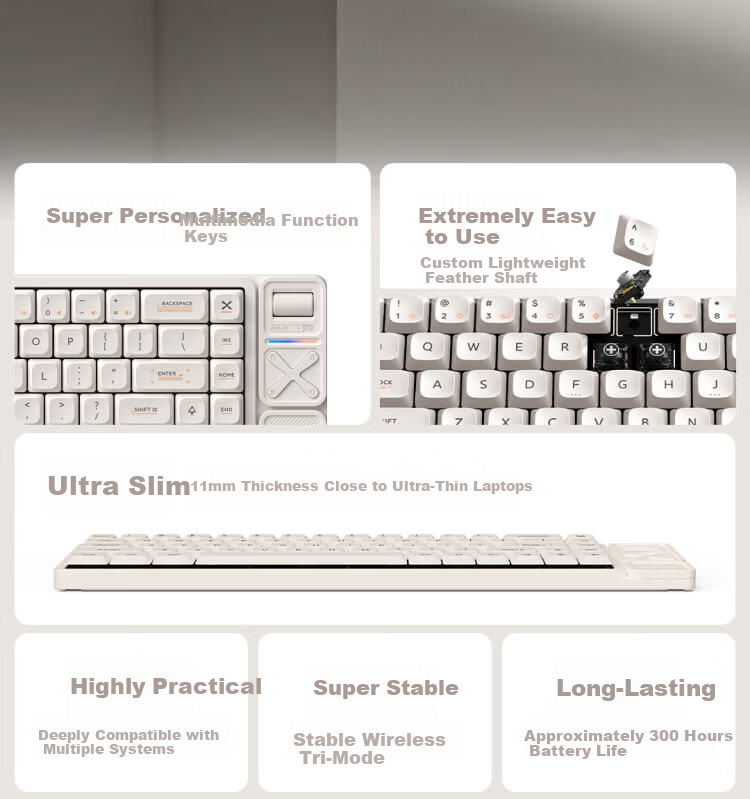 IQUNIX Aluminum Factory MG65 Series Low-Profile Mechanical Keyboard Wireless Tri-Mode Compatible with Mac Tablet Office Ultra-Thin Gaming MG65 Misty White Light Feather Switch 3