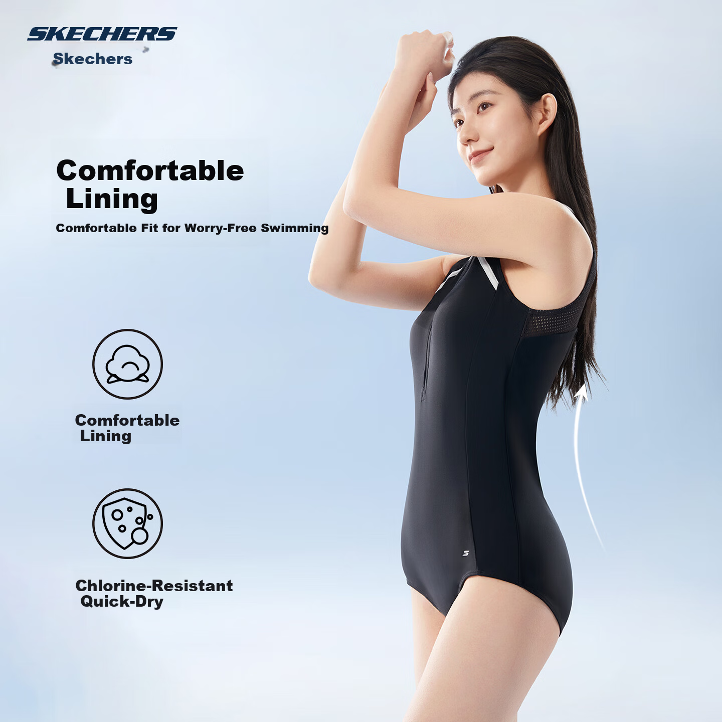 Skechers Women's One-Piece Triangle Swimsuit UV Protection Breathable Slimming Hot Spring Resort Pool Swimwear M