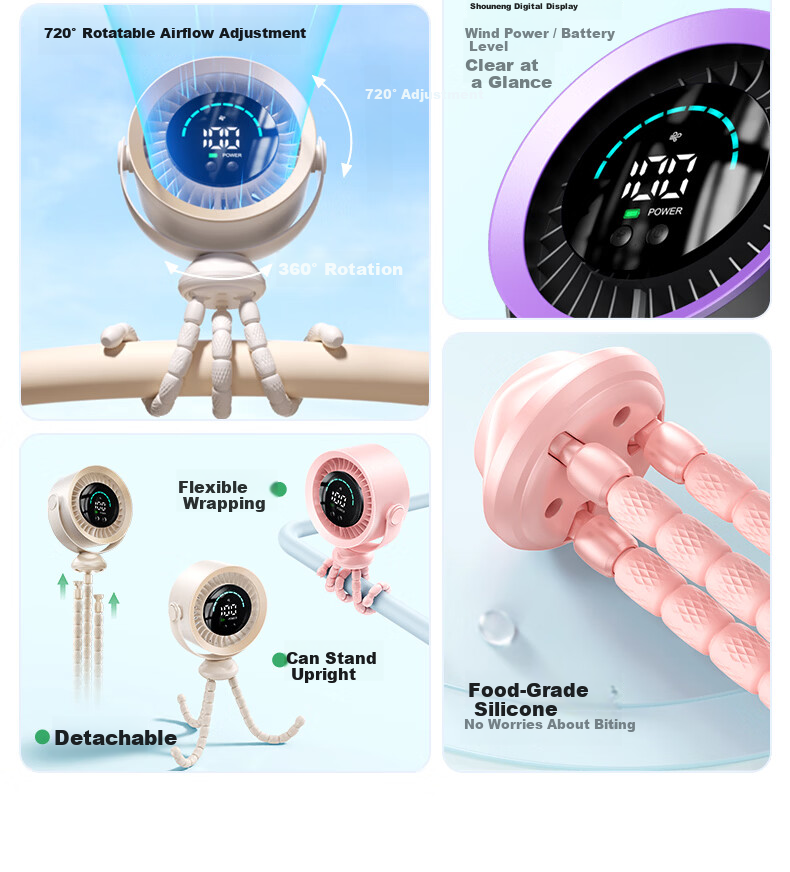AUX Baby Stroller Mini Octopus Folding Desktop Portable Handheld USB Fan Baby Special Outdoor Cooling Essential Long Battery Life 9