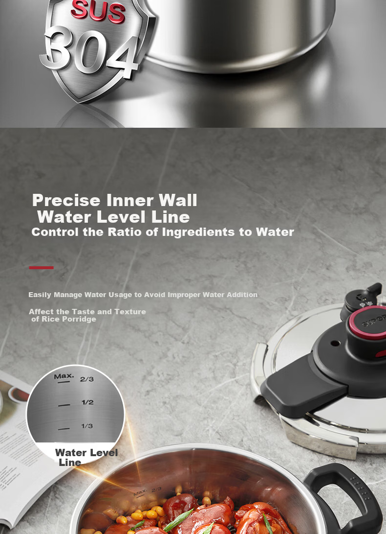 SUPOR 22cm 5.7L 304 Stainless Steel Pressure Cooker High-Pressure Gas and Induction Cooker Compatible Explosion-Proof One-Touch Opening Home Use 13