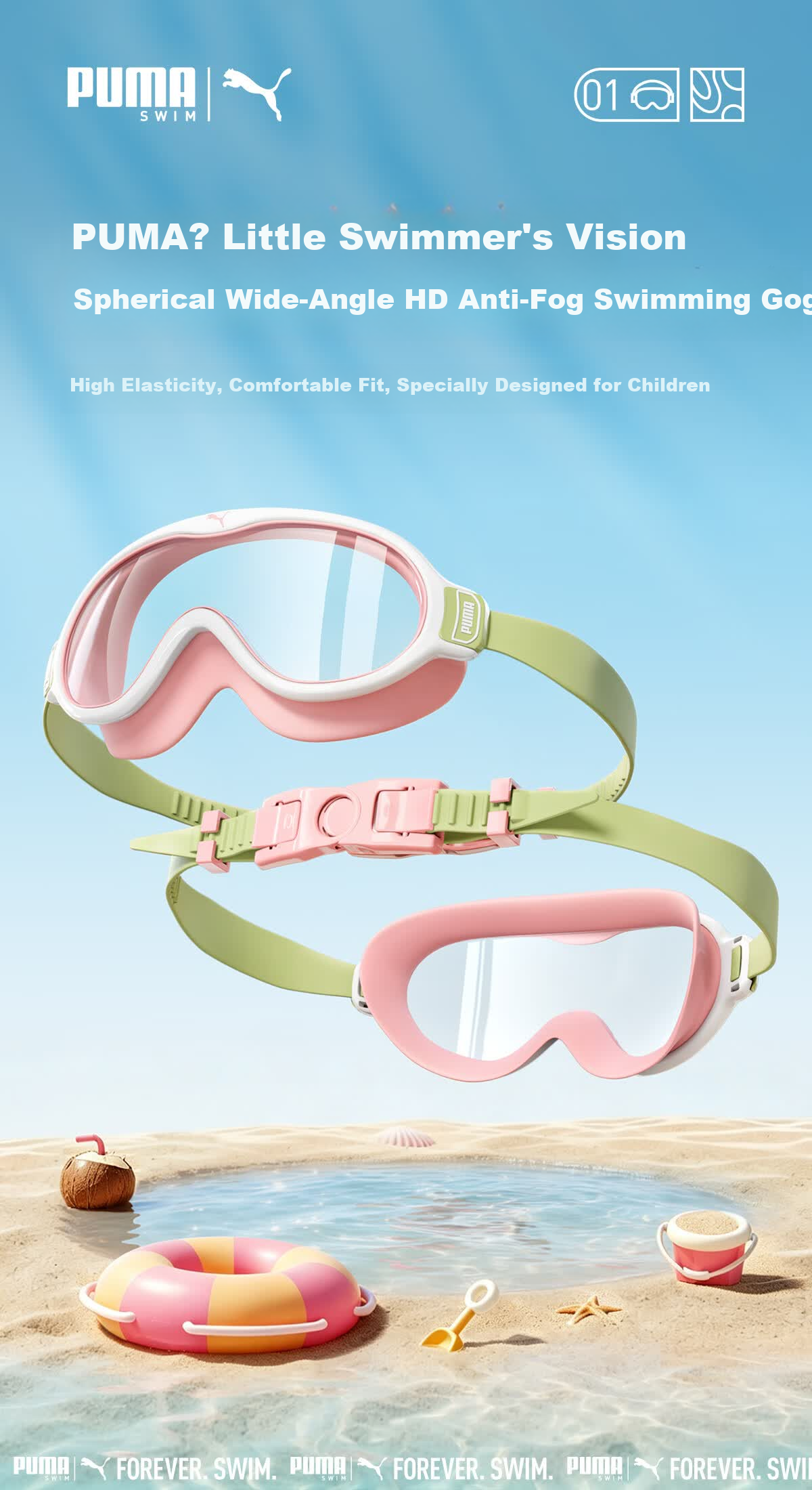 PUMA Kids Swimming Goggles Large Frame HD Lenses Long-Lasting Anti-Fog UV Protection Adjustable Strap Unisex 3