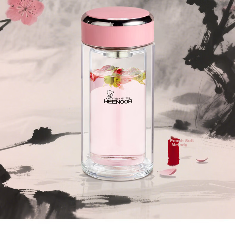 Xinuo Double-Layer Glass Cup 2026 New High-Value Water Cup for Women Home Office Tea Brewing Cup Peach Pink Soft Charm 325ml 7