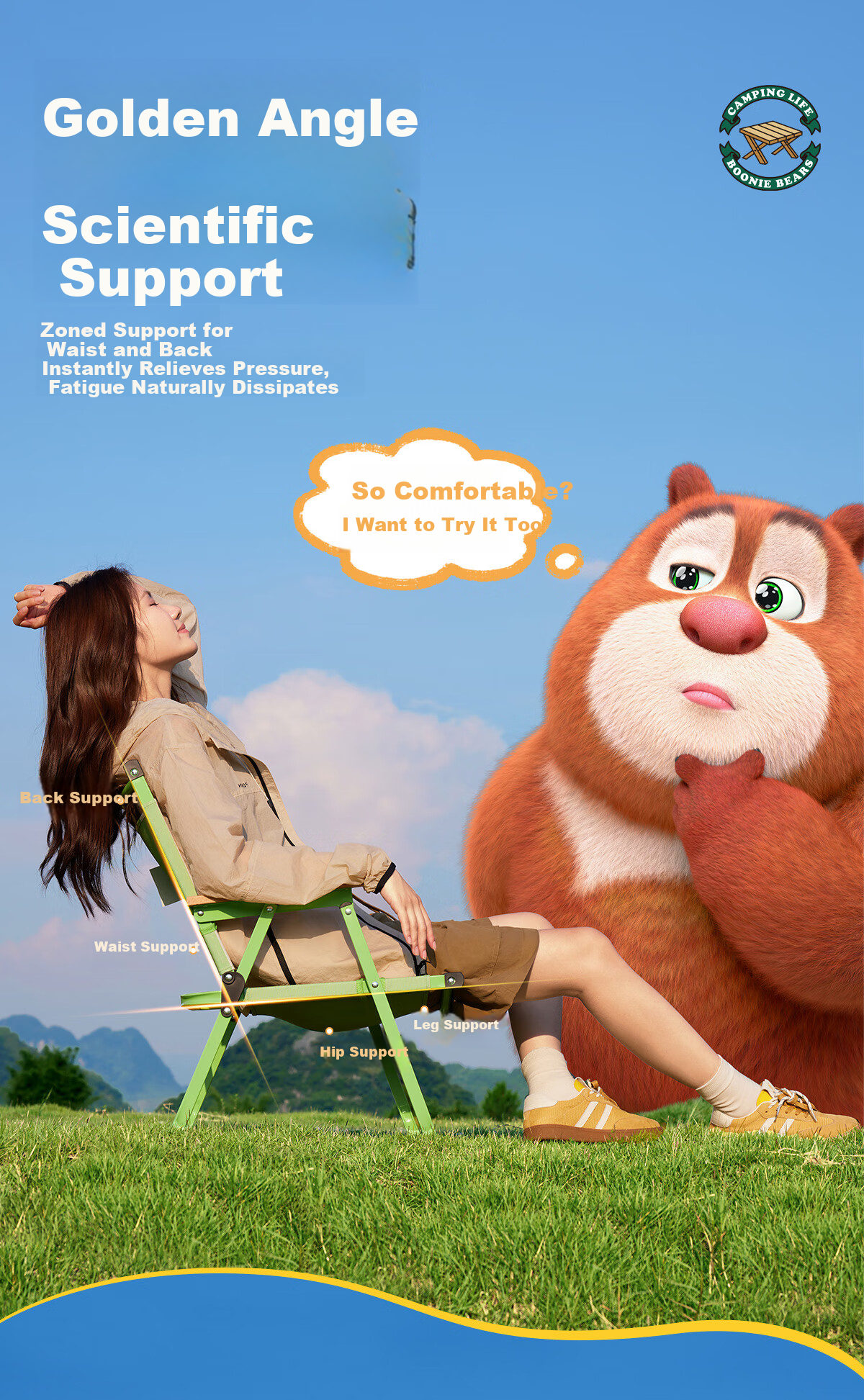 CAMEL × Boonie Bears Outdoor Folding Chair Portable Picnic Beach Camping Chair 7