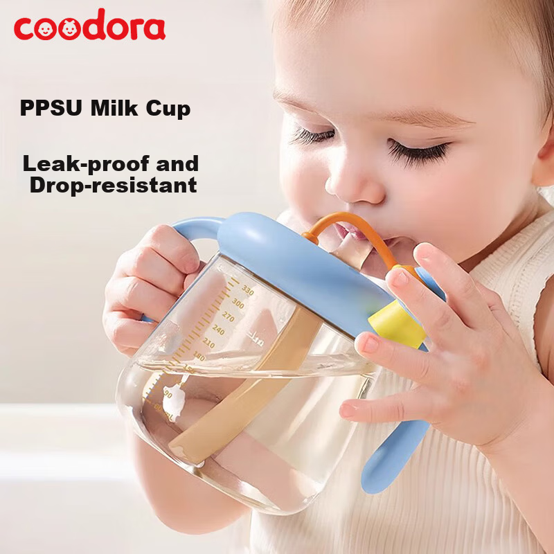 COODORA Children's Milk Cup PPSU Straw Cup 1-3 Years 6 Years Baby Feeding Bottle with Scale Direct Drinking Water Cup 330ml