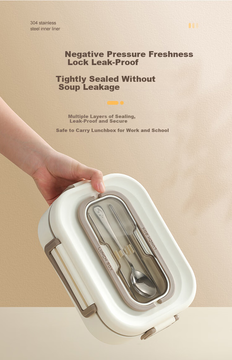Wuxinzhi Zao 304 Stainless Steel High School Student Lunch Box, Office Worker Bento Meal Container, Microwave-Safe Plate, Light Coffee Color, 1000ml 6