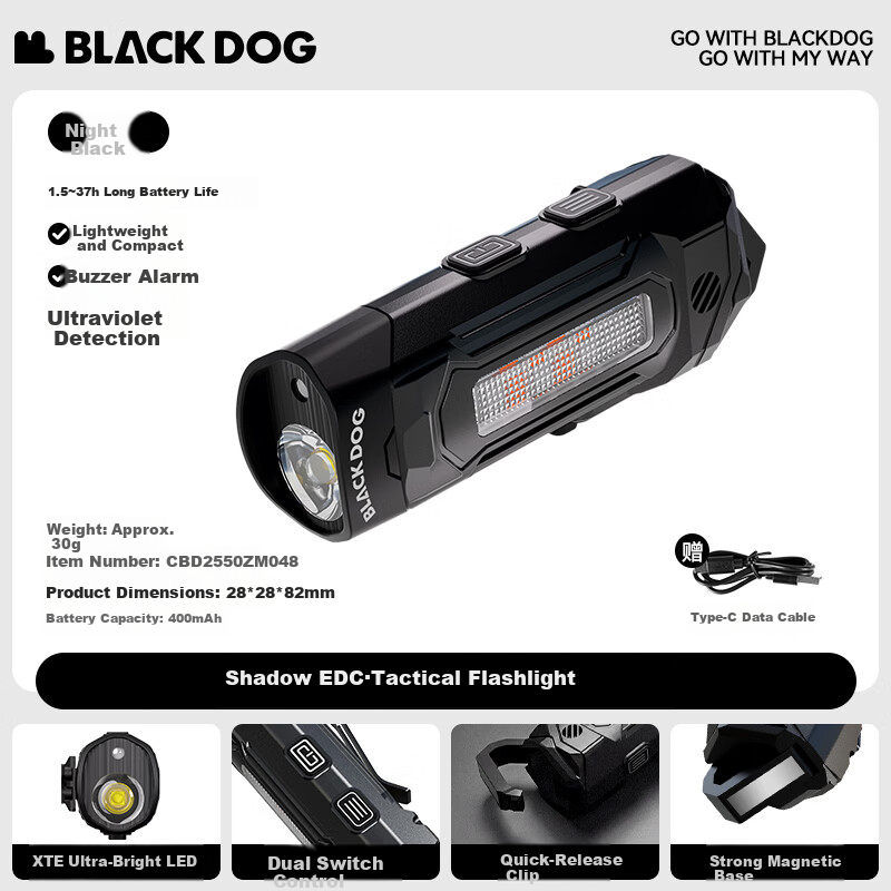 Black Dog Tactical Rechargeable Flashlight Lightweight Magnetic Clip Multi-Function Lighting