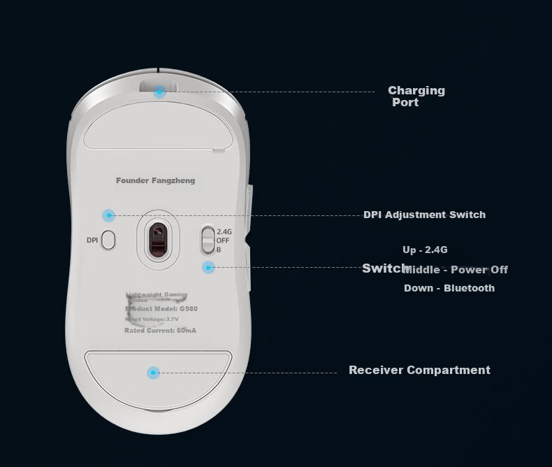 Founder Tri-Mode Gaming Mouse Wired/2.4G/Bluetooth 60G Ultra-Lightweight Feel Small to Medium Hand S205 Esports Chip All-Purpose Gaming Office Mouse G980 Pure White 13