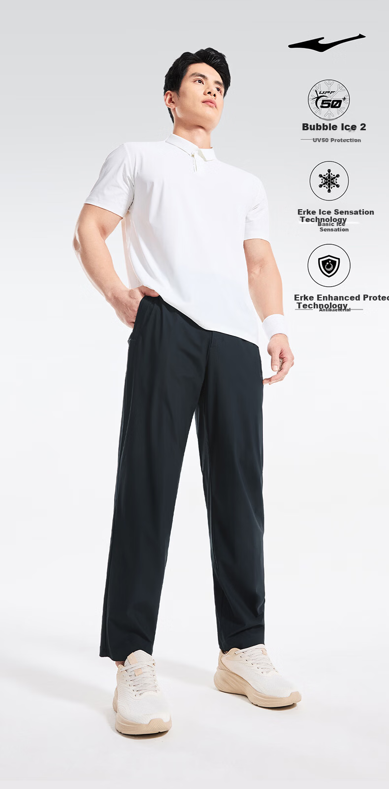 ERKE Knitted Long Pants Spring Ice Cooling Sun Protection UPF50+ Outdoor Antibacterial Casual Men's Running Sports Pants 1