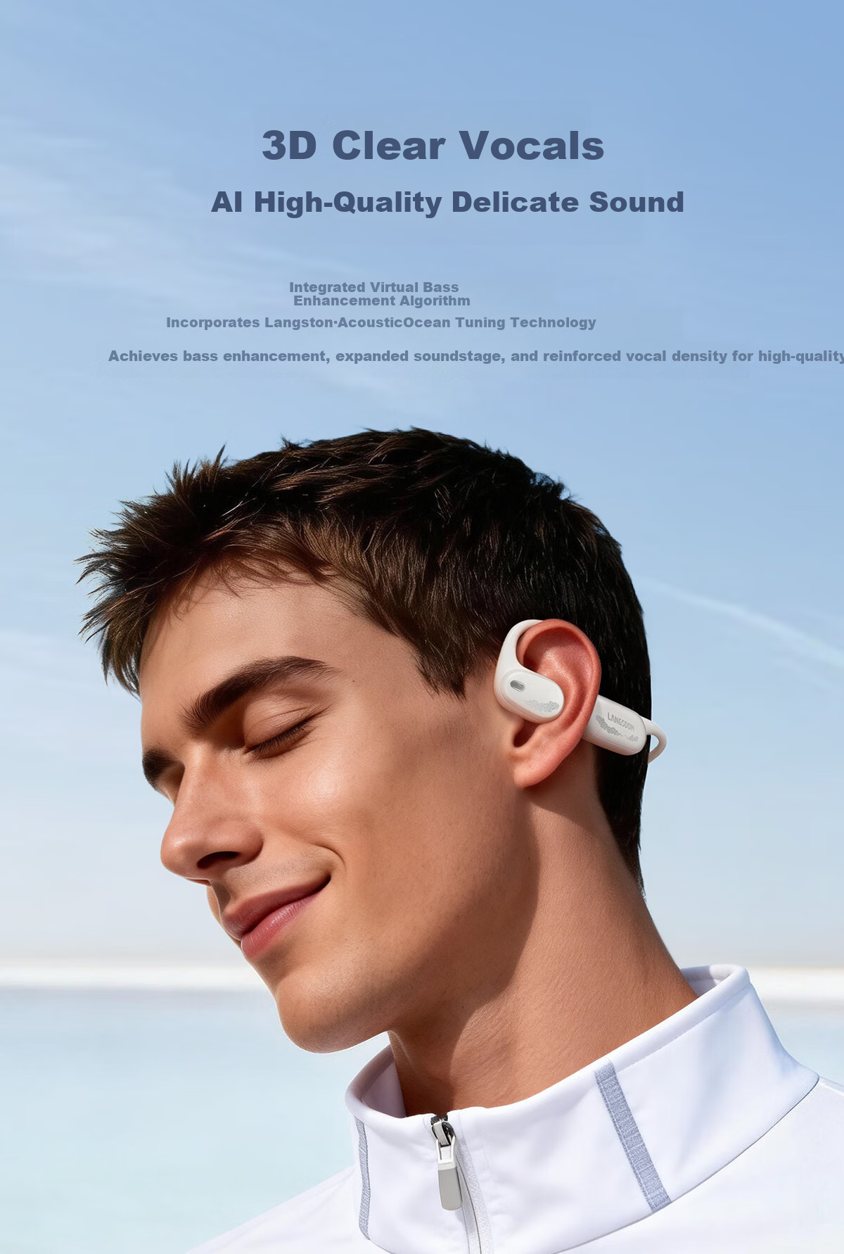 Langston AirWave Pro 2 Open-Ear Bone Conduction Bluetooth Headphones Waterproof Sweatproof Long Battery Life for Apple Huawei Iceberg White 4