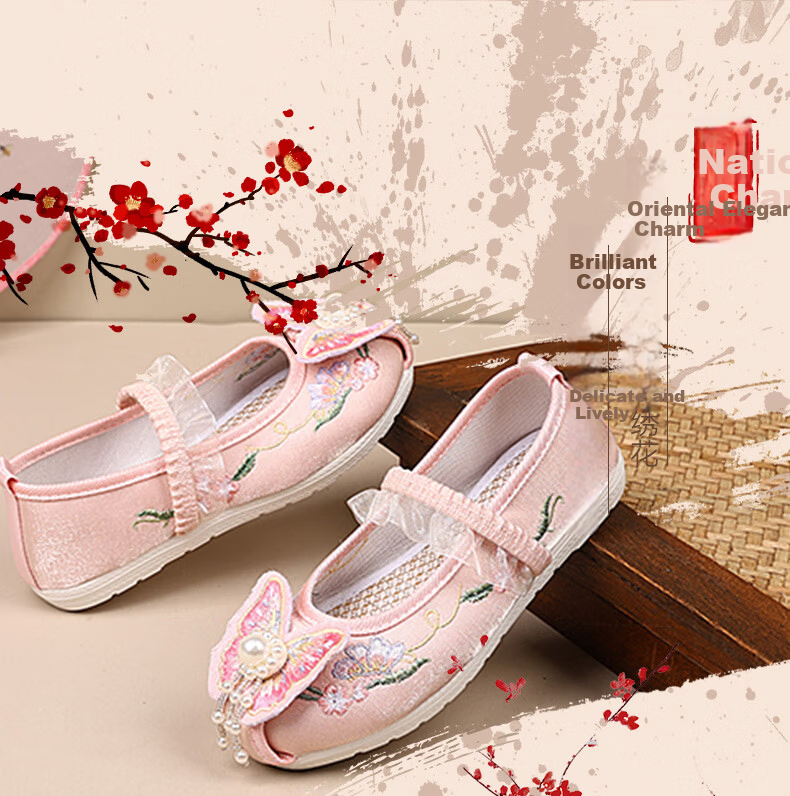 Romon Girls Hanfu Shoes Chinese Style Traditional Performance Dance Cloth Shoes Ma Mian Skirt Embroidered Shoes Pink Size 31 3