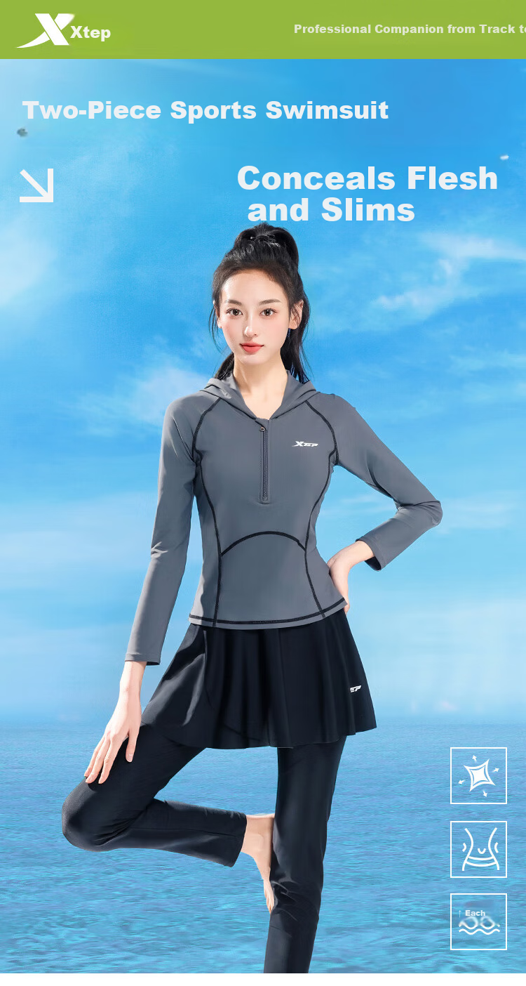 Xtep Women's Long Sleeve Long Pants Swimsuit Slimming Two-Piece Modest Plus Size Training Wetsuit 1