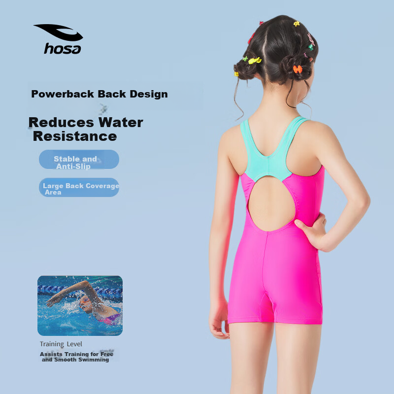Hosa Girls' One-Piece Square-Leg Racing Swimsuit for Children, Youth Training and Competition Swimwear