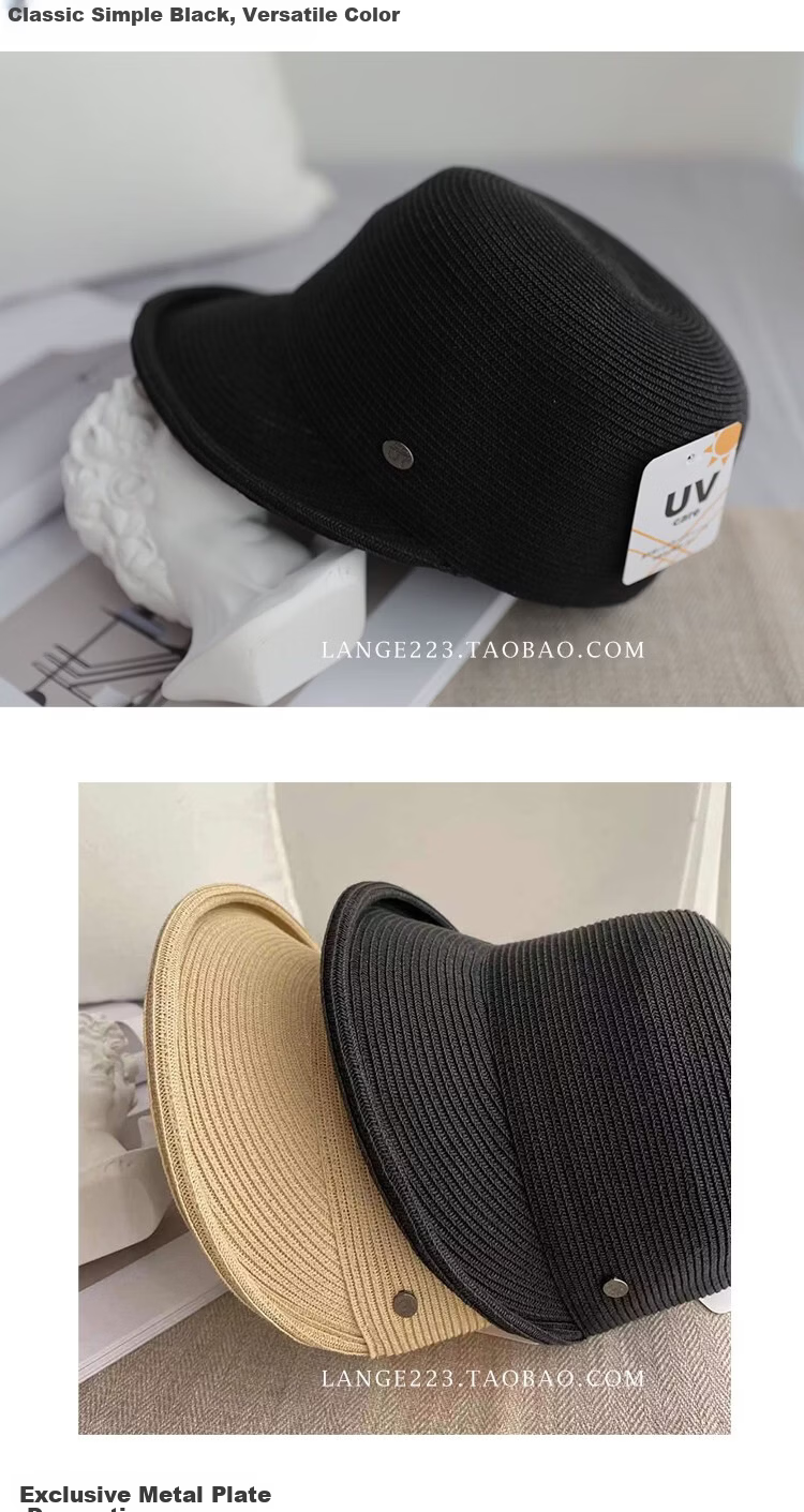 Lagur Casual Straw Baseball Cap Sunshade Wide Brim Roll-up Visor Korean Style Women's Summer Thin Black 7