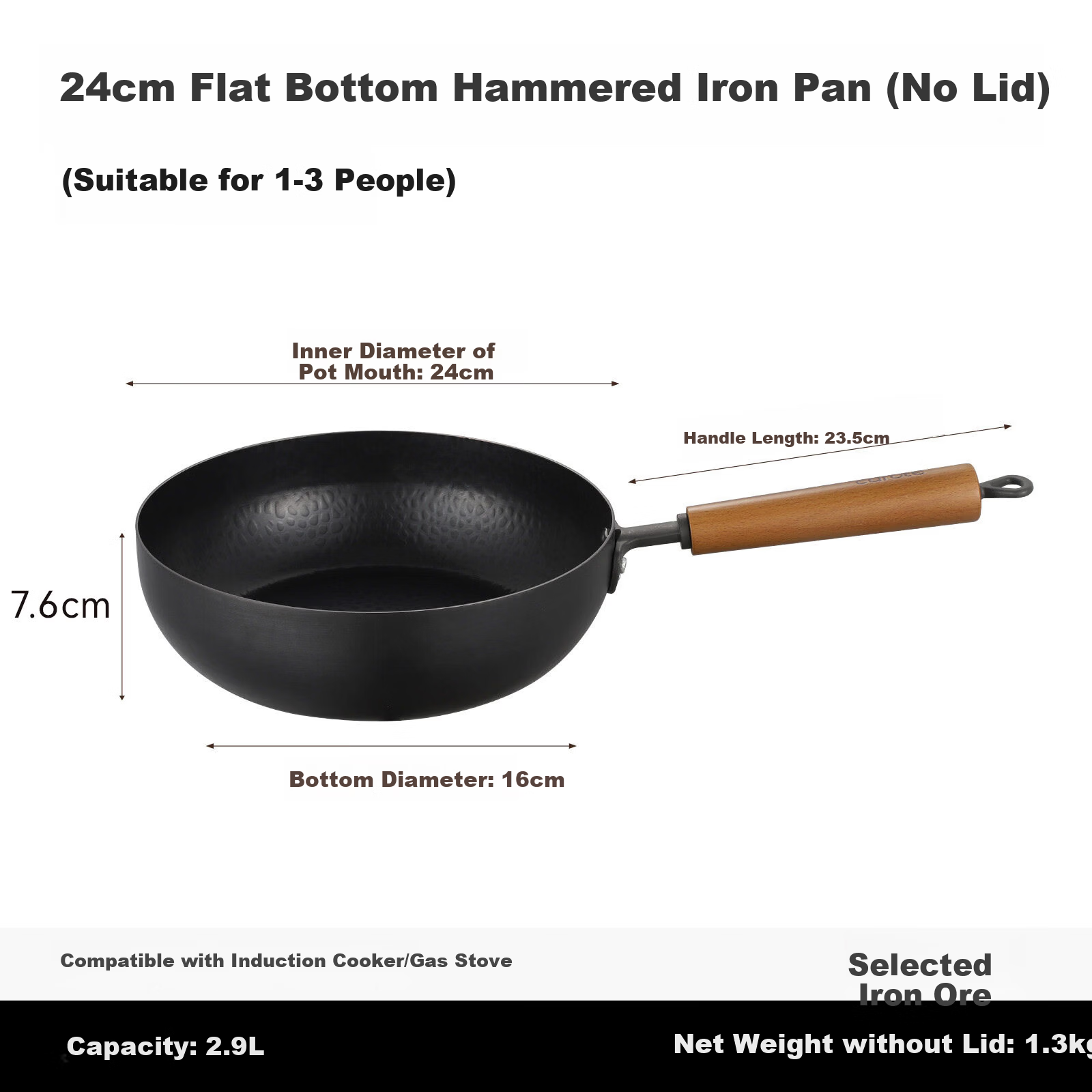 Carote Hammered Iron Wok Non-Coated Flat Bottom Stir-Fry Pan for Gas and Induction Cooktops