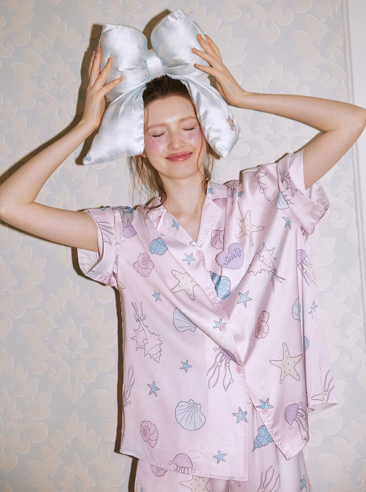 Gukoo Women's Summer Pajamas Shell Print New Ice Silk Sweet Lapel Loose Homewear Set Vanilla Pink S 22