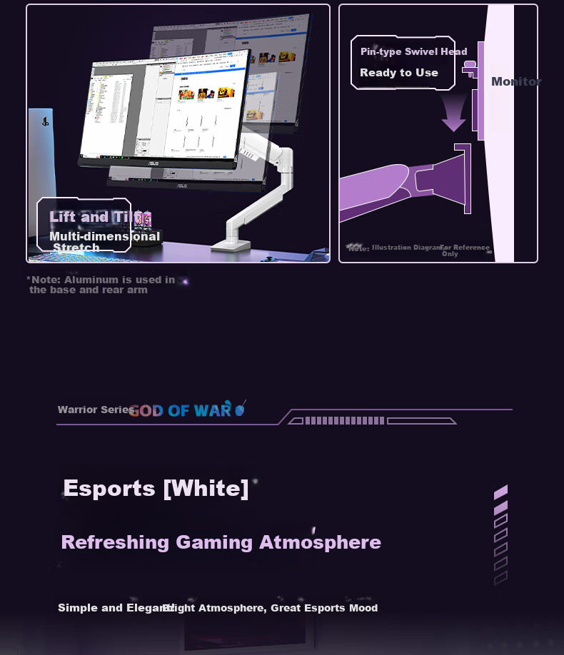 YouShi Monitor Stand War God 01BW Mechanical Arm Monitor Mount Computer Stand Monitor Arm for 17-32 Inch Displays 10KG Load Capacity CX01-01BW White 3