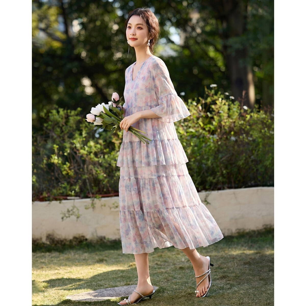 Demana Elegant Urban Summer French V-Neck Printed Flared Sleeve Patchwork Loose Slim Dress for Petite Women